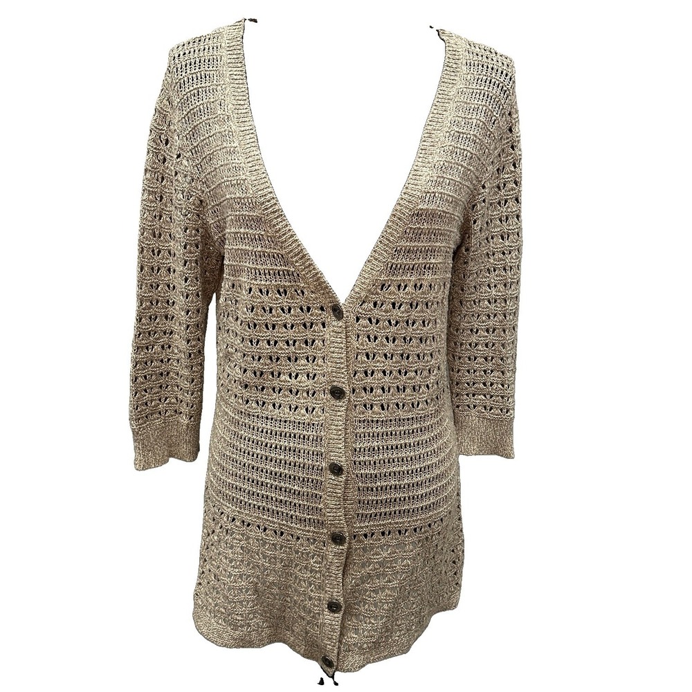 DKNY Jeans Crochet Knit Cardigan Women Medium Sweater 3/4 Sleeves Button Up Boho